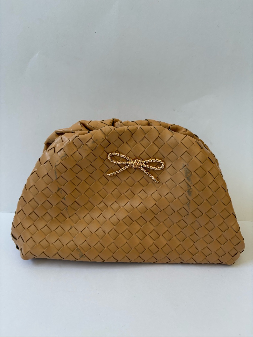 Anthropologie Maeve Frankie Mini Clutch Bag Woven Golden Bow Edition Beige Tan